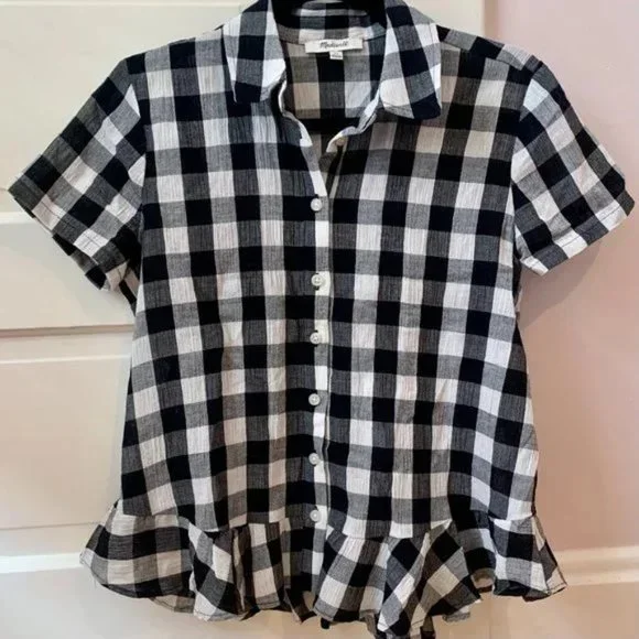 Madewell Women's Plaid Blouse with Ruffle Hem XS - Picture 3 of 6